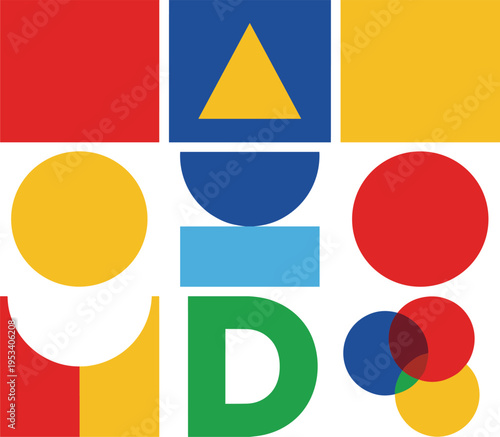 Vector illustration of colorful geometric shapes and letters arranged in grid pattern for design and education