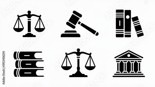 Justice and law icons including scales gavel books and courthouse on white background