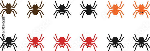 Vector illustration of cartoon spiders in colorful variations including brown, black, orange, and red designs