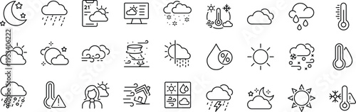 Set of outline icons related to weather. Linear icon collection. Editable stroke. Vector