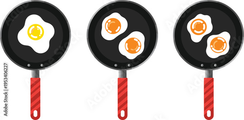 Frying Pan with Fried Eggs Vector Set Showing Cooking Stages of Sunny Side Up Eggs for Kitchen, Breakfast and Food Illustration