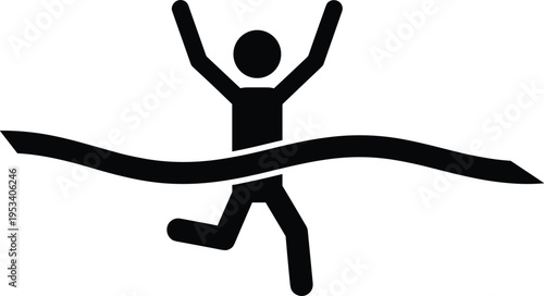 Runner Crossing Finish Line with Arms Raised in Victory Silhouette Keywords: runner, running, race, finish line, victory
