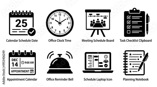 Time Management Icons: Black and White Office Labels for Planning Design