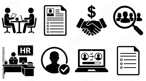 Recruitment Icons: Black and White Hiring Labels for HR Design