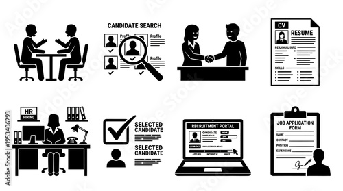 Recruitment Icons: Black and White Hiring Labels for HR Design