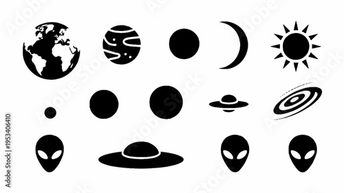 Minimalist space icon set featuring planets alien heads and celestial bodies in black silhouette on white background for design and graphic projects