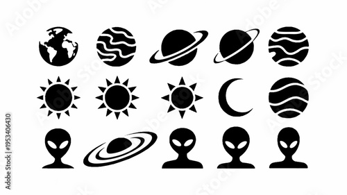 Minimalist icon set featuring planets moons and celestial bodies in black on white background