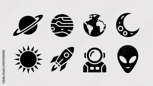 Astronomy glyph icons set including planets sun rocket astronaut and alien black minimalist style on gray background