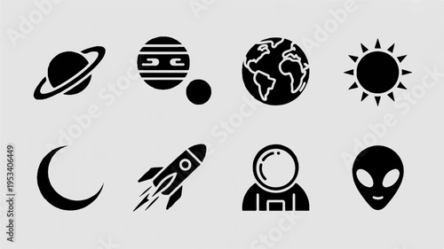 Astronomy glyphs planets space symbols and aliens on gray background
