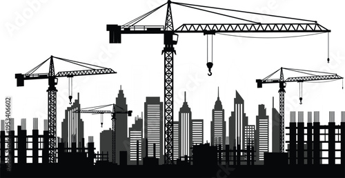 Silhouette of a city skyline under construction with cranes and buildings vector illustration