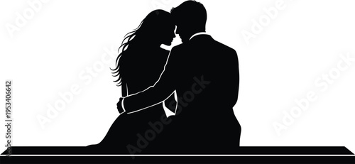 Silhouette of a couple embracing intimately on a bench with flowing hair love romance
