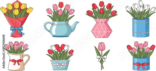 Tulip Flower Bouquet Vector Set with Decorative Vases, Teapot and Gift Wrapping for Spring Floral Arrangements and Romantic Design Projects