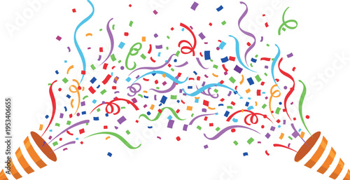 Vector illustration of festive party poppers with colorful confetti and streamers for celebration and events