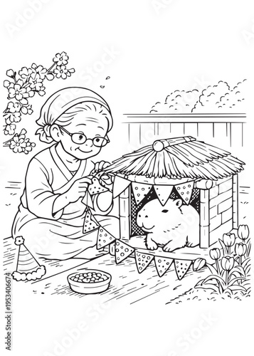coloring book page grandmother placing a capybara gently into a little decorated shelter or house