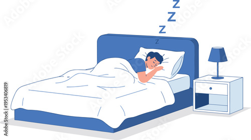 Vector illustration of person sleeping in bed with blanket, pillow, nightstand, and lamp in calm bedroom scene