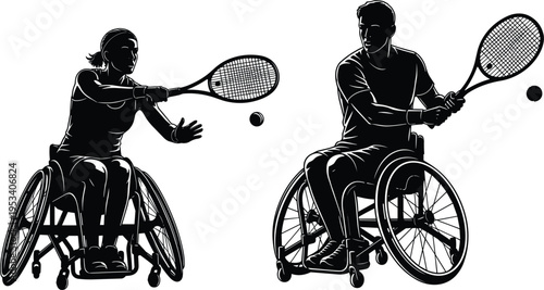 Silhouette of a male and female wheelchair tennis players in action on white background sport athlete