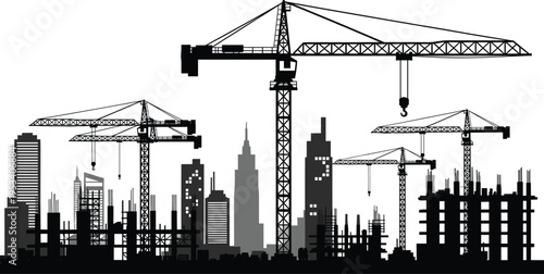 Silhouette of Construction Site with Cranes and Buildings Under Construction Keywords: construction, building, city, skyline