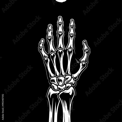 Anatomical X-ray Style Skeletal Hand Raised Against Black Background.