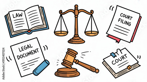 Law and justice symbols including scales gavel legal documents and law book on white background