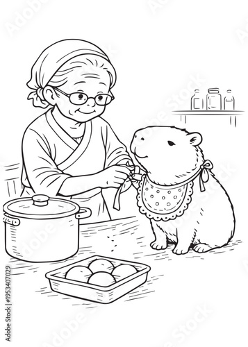 coloring book page grandmother stirring a pot and cooking a warm dish with capybara nearby