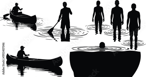 Silhouettes of people canoeing swimming and standing in water with reflections kayaking paddling