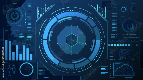 Futuristic blue interface displaying data visualizations and technical schematics