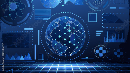 Futuristic digital world with interconnected networks and data visualization