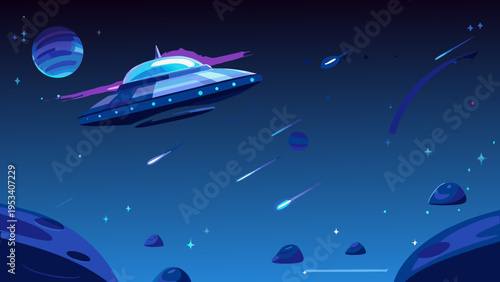 Cartoon illustration of a spaceship and planets in a dark blue space