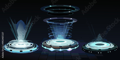 Futuristic holographic displays and platforms in a dark digital environment