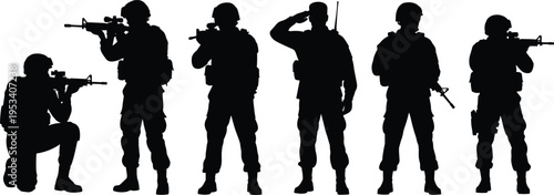 Soldier Silhouettes In Various Poses With Rifles On White Background untitled