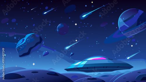 A vibrant cartoon illustration of space with planets a ufo and meteors