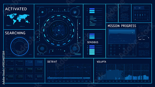 Futuristic interface displaying data visualizations maps and system status indicators