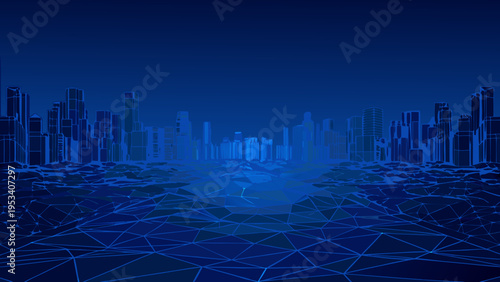 Futuristic cityscape illustration with a glowing wireframe perspective
