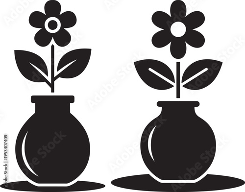 Simple black silhouette icons of two flowers in vases with leaves, graphic resource for design and decoration, isolated on white background, Home Decor