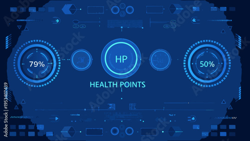 Futuristic user interface with health points display and technological elements