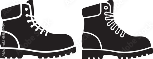Black silhouette icons of two work boots, representing durability, labor, and outdoor activities, useful for fashion and industry themes, Work Boot