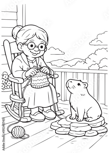 coloring book page grandmother knitting on a rocking chair while capybara sits content at her feet