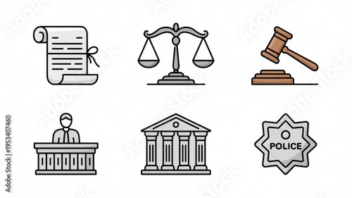 Justice and law enforcement icons including gavel scales police badge court building judge and legal document on white background