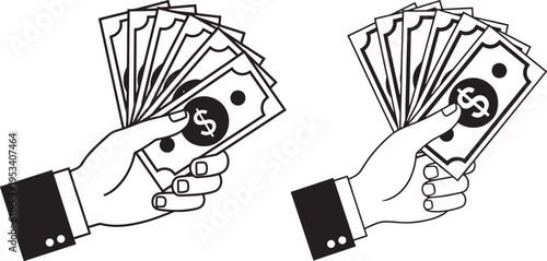 Hand holding fan of money, silhouette icon representing wealth, finance, and transactions, useful for business and economic concepts, Paper Money
