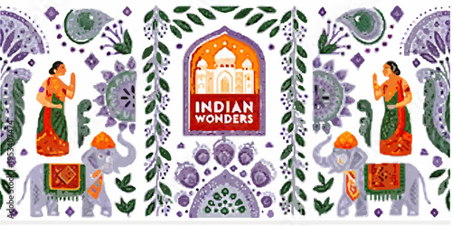Colorful illustration depicting iconic indian landmarks and cultural elements