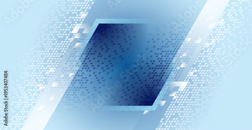 青系グラデーションとドット状のスクエアパターンが重なる近未来デジタル背景・データ通信と情報ネットワークを表現したテクノロジー抽象デザイン