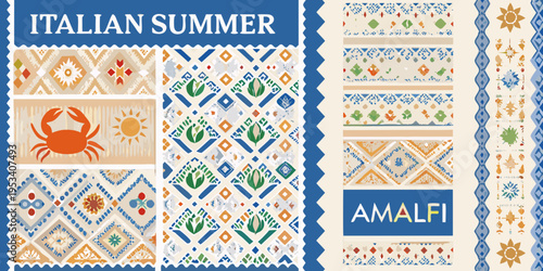 Italian summer themed collage with patterns crab and sun motifs