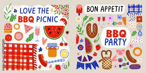 Colorful illustration depicting a barbecue picnic with various food and decorations
