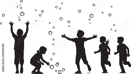 Children playing with bubbles silhouette vector illustration happy childhood moment