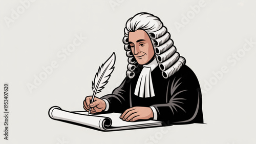 Judge writing with feather quill on parchment paper in traditional court attire
