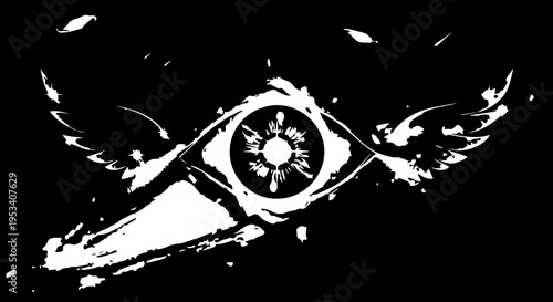 Mysterious Monochrome Eye Symbol with Wings, Abstract Graphic Illustration.