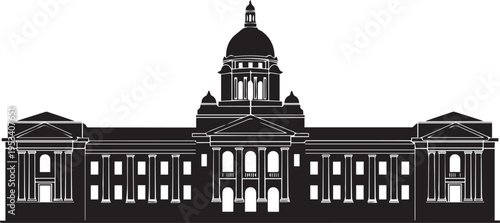 Classic neoclassical government building facade silhouette with dome and columns vector illustration
