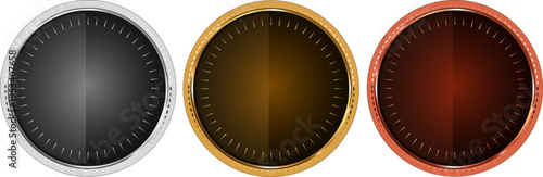 円形メダル風３種類イラストセット｜アニバーサリーに使えるシンプルなゴールド、銀、銅素材