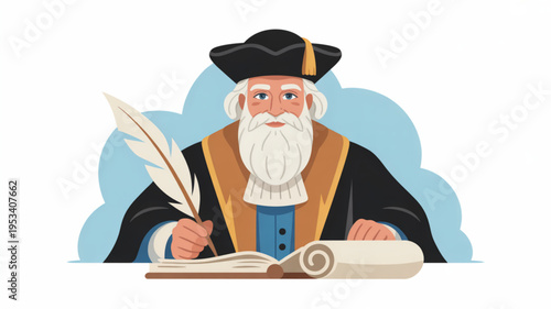 Wise old man in academic regalia writing with feather quill on parchment scrolls