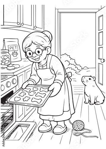 coloring book page grandmother baking cookies in the oven while capybara waits for a treat